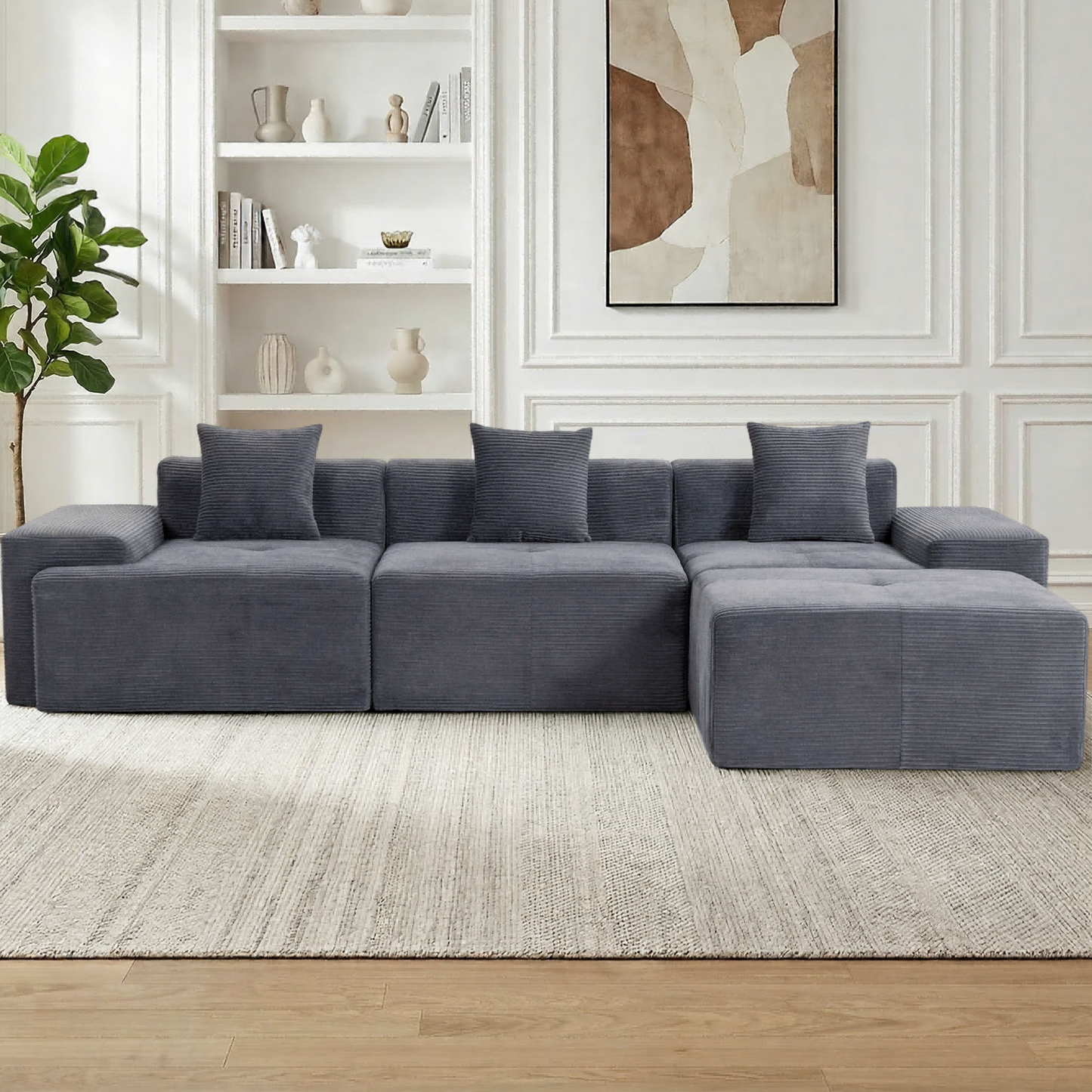DELMANGO 119'' Cloud Sectional Sofa, Boneless Sofa with Chaise, Flexible Module Combination for Living Room, No Assembly, Grey