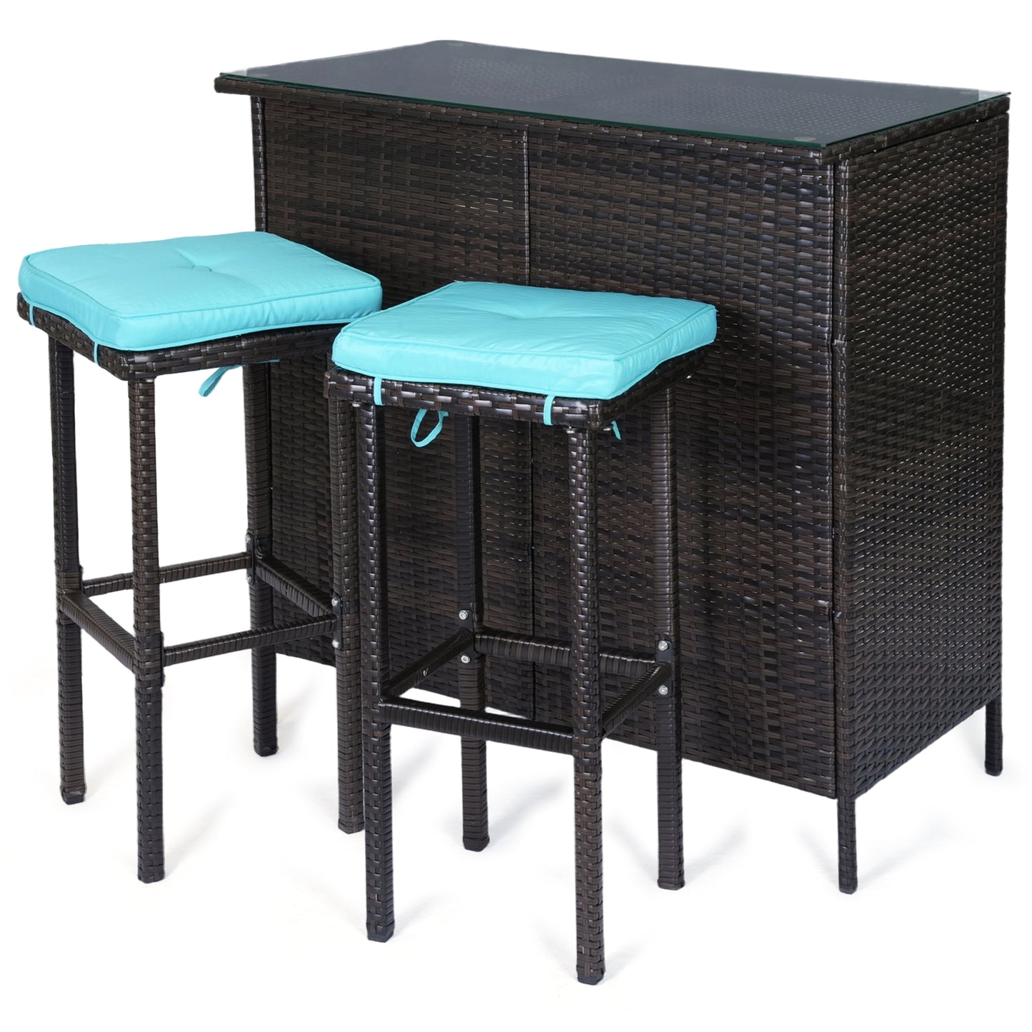 DELMANGO 3 Piece Patio Bar Set with 2 Storage Shelves, Glass Top Table, Two Cushioned Stools,Outside Bars for Patio Entertainment, Blue