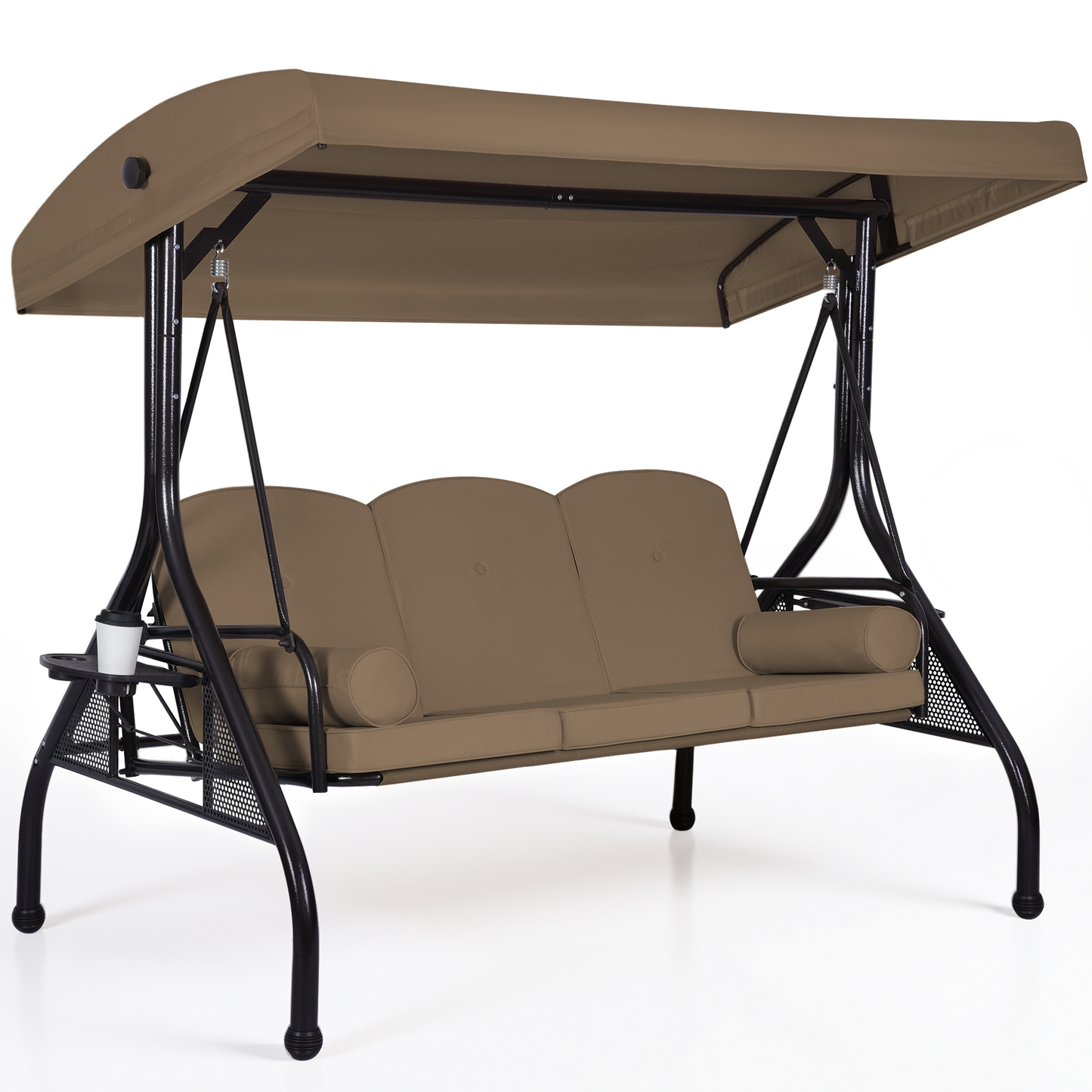 DELMANGO 3-Seat Outdoor Porch Swing with Adjustable Canopy, 2 in 1 Convertible Patio Swing Bed, Patio Glider Swing for Backyard, Brown