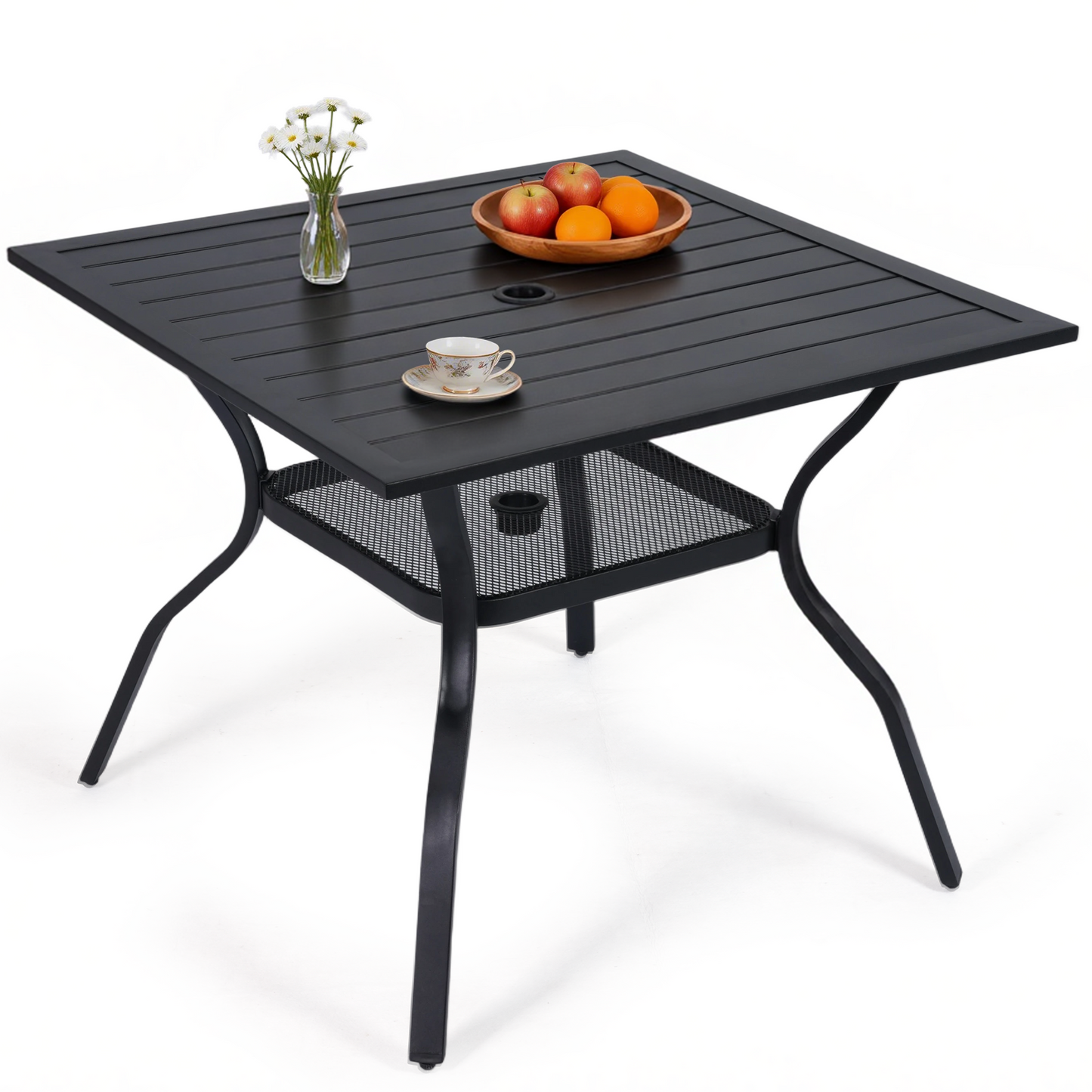 DELMANGO 37" Outdoor Dining Table for 4, Metal Square Patio Dining Table with Adjustable Umbrella Hole for Garden, Backyard and Porch, Black