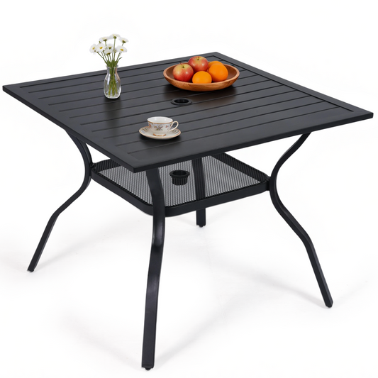 DELMANGO 37" Outdoor Dining Table for 4, Metal Square Patio Dining Table with Adjustable Umbrella Hole for Garden, Backyard and Porch, Black