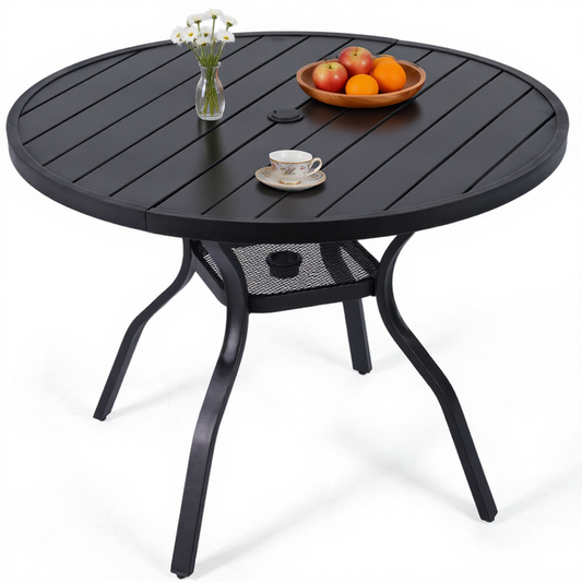 DELMANGO 41" Outdoor Dining Table for 4, Metal Round Patio Dining Table with Adjustable Umbrella Hole for Garden, Backyard and Porch, Black