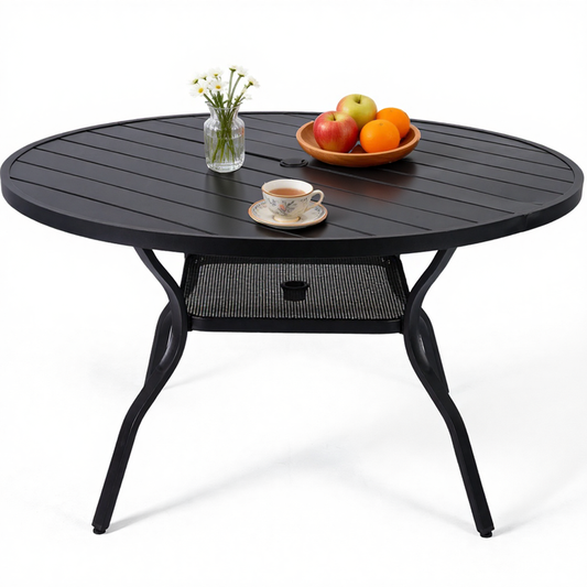 DELMANGO 55" Outdoor Dining Table for 6-8, Metal Round Patio Dining Table with Adjustable Umbrella Hole for Garden, Backyard and Porch, Black