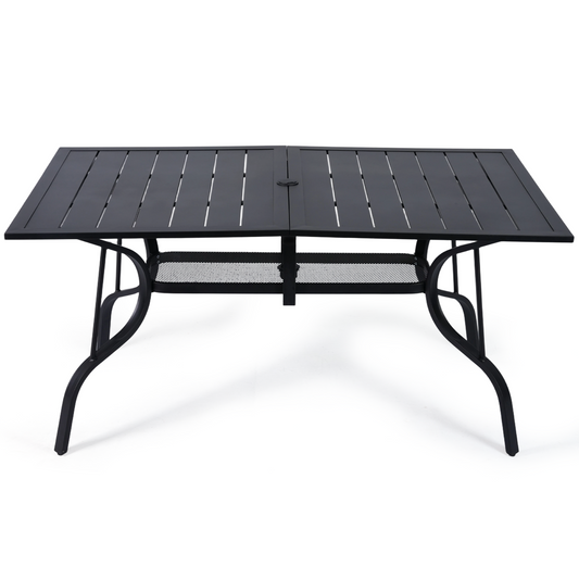 DELMANGO 63"x38" Outdoor Dining Table for 6, Metal Rectangle Patio Dining Table with Adjustable Umbrella Hole for Garden, Backyard and Porch, Black