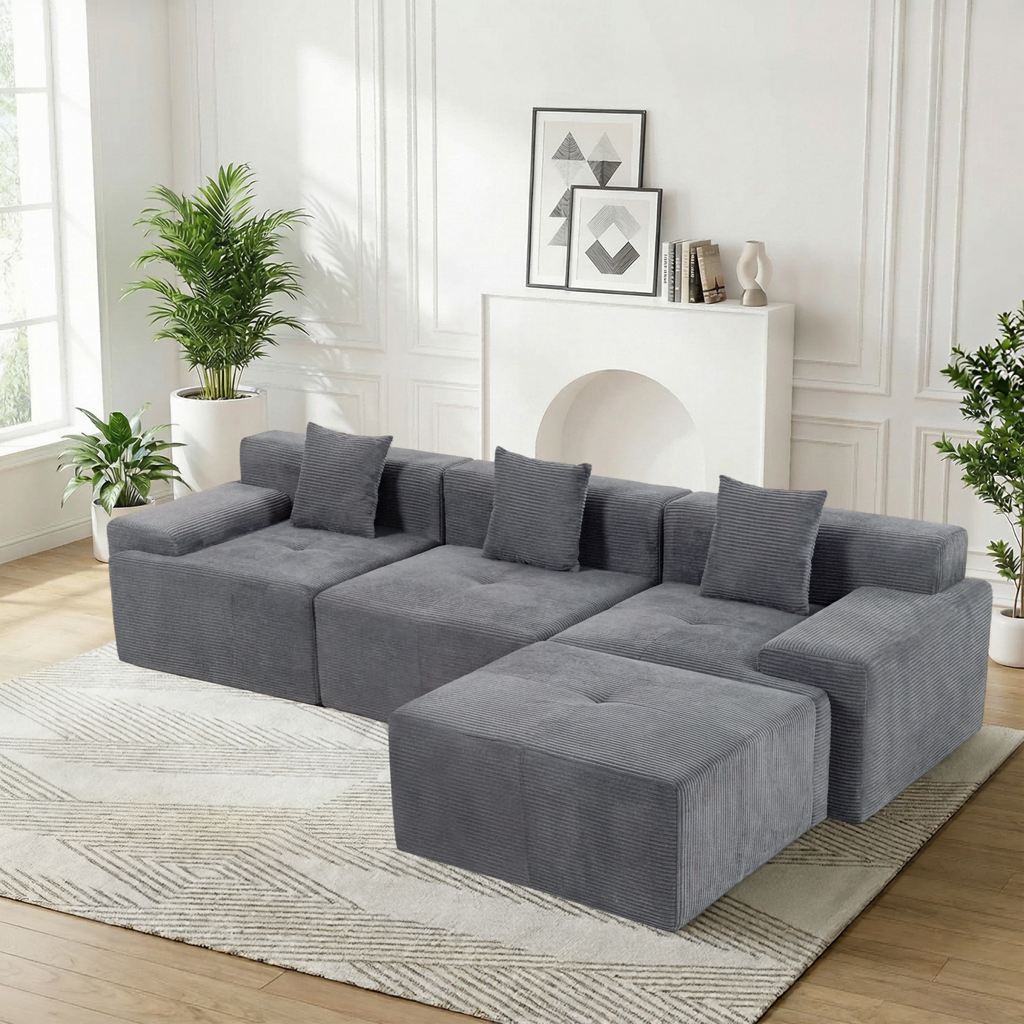 DELMANGO 119'' Cloud Sectional Sofa, Boneless Sofa with Chaise, Flexible Module Combination for Living Room, No Assembly, Grey