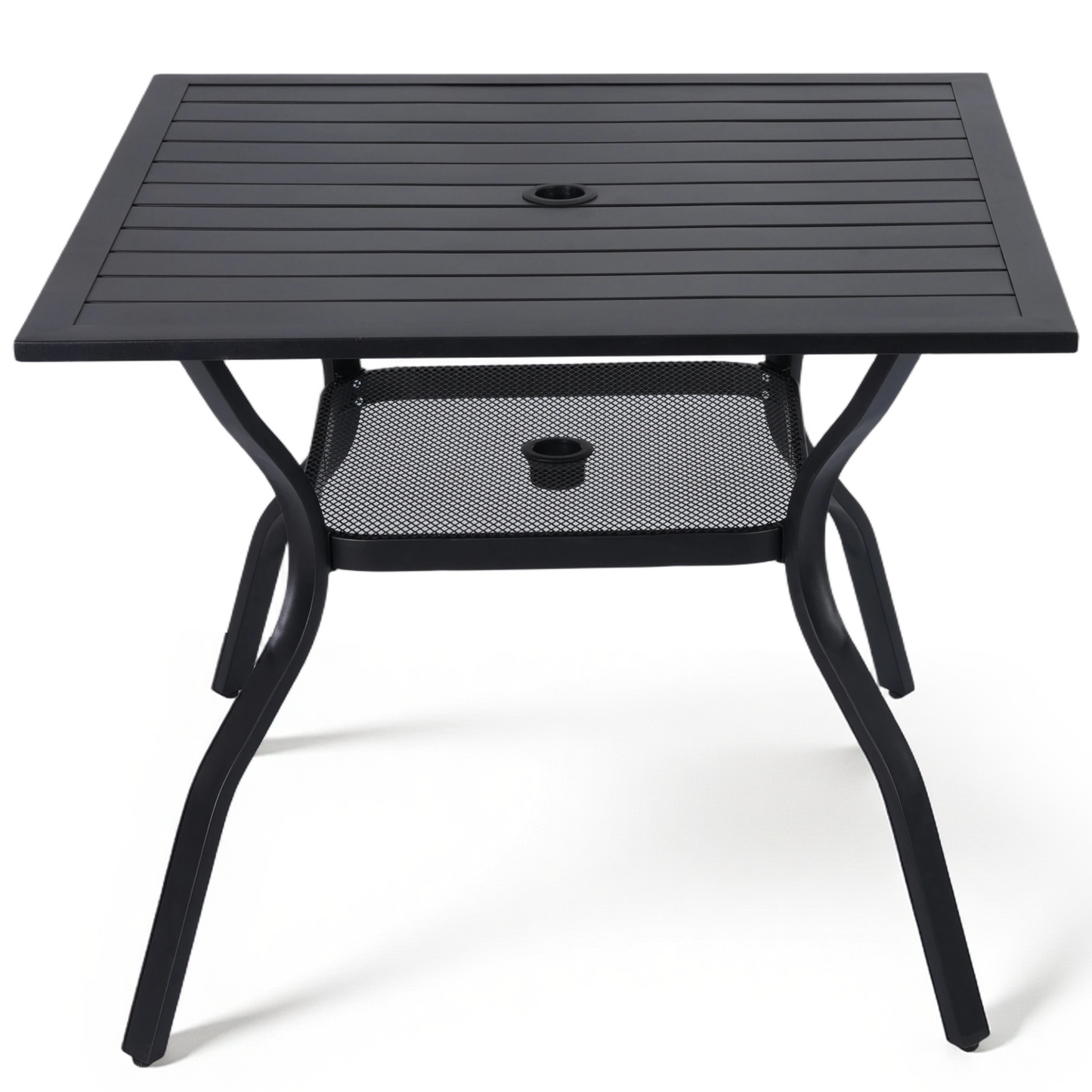 DELMANGO 37" Outdoor Dining Table for 4, Metal Square Patio Dining Table with Adjustable Umbrella Hole for Garden, Backyard and Porch, Black