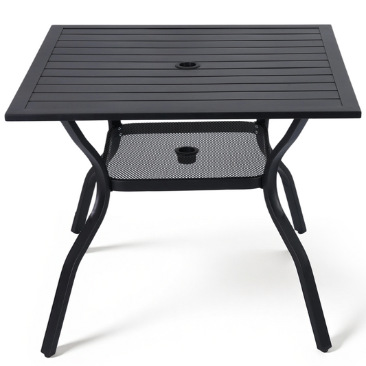 DELMANGO 37" Outdoor Dining Table for 4, Metal Square Patio Dining Table with Adjustable Umbrella Hole for Garden, Backyard and Porch, Black