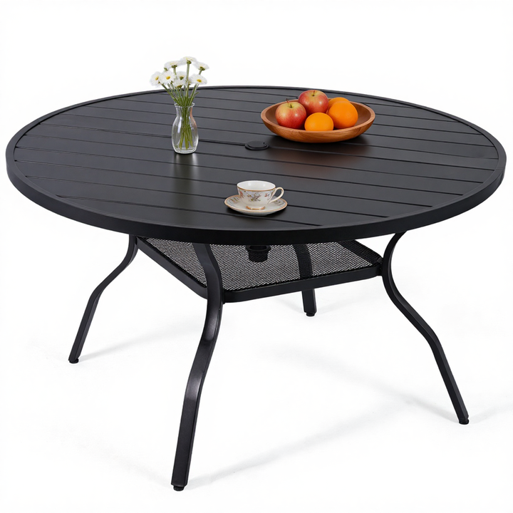 DELMANGO 55" Outdoor Dining Table for 6-8, Metal Round Patio Dining Table with Adjustable Umbrella Hole for Garden, Backyard and Porch, Black
