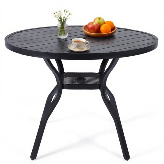 DELMANGO 41" Outdoor Dining Table for 4, Metal Round Patio Dining Table with Adjustable Umbrella Hole for Garden, Backyard and Porch, Black