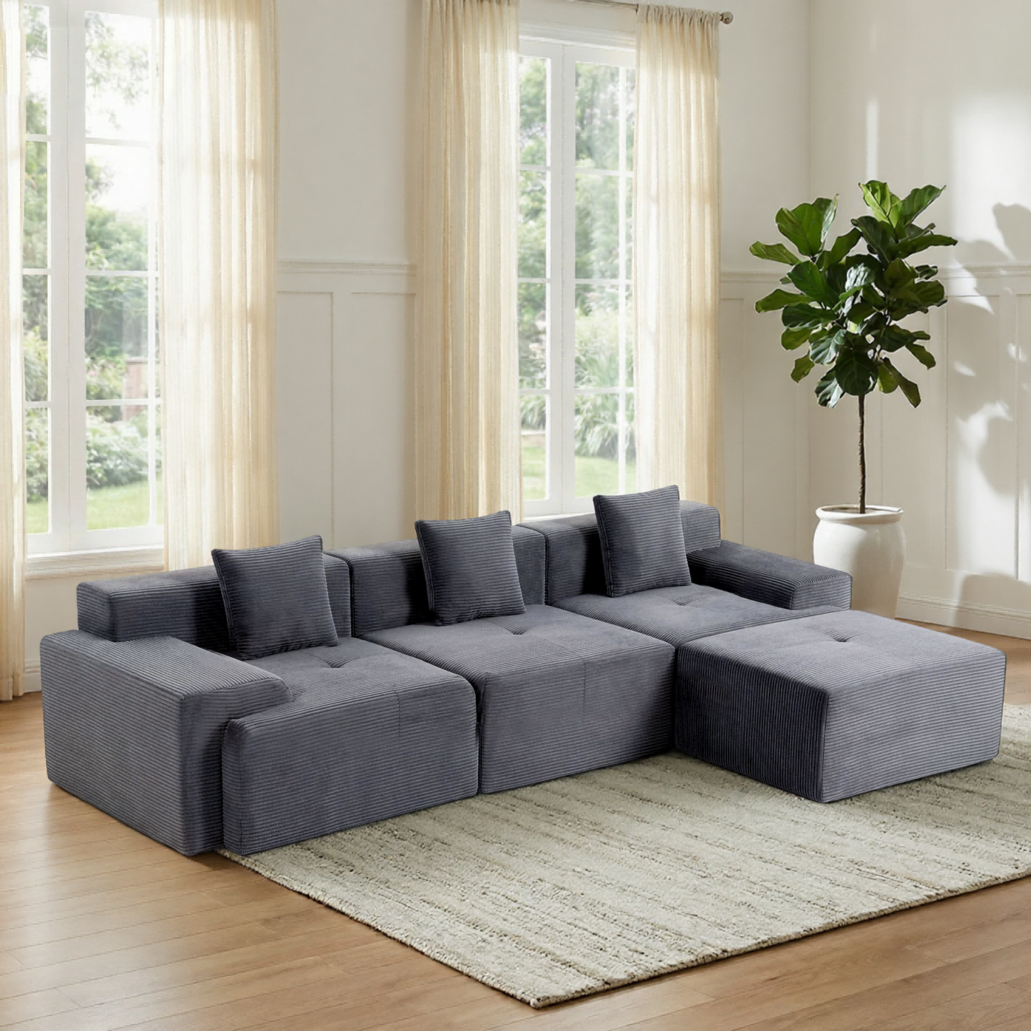 DELMANGO 119'' Cloud Sectional Sofa, Boneless Sofa with Chaise, Flexible Module Combination for Living Room, No Assembly, Grey