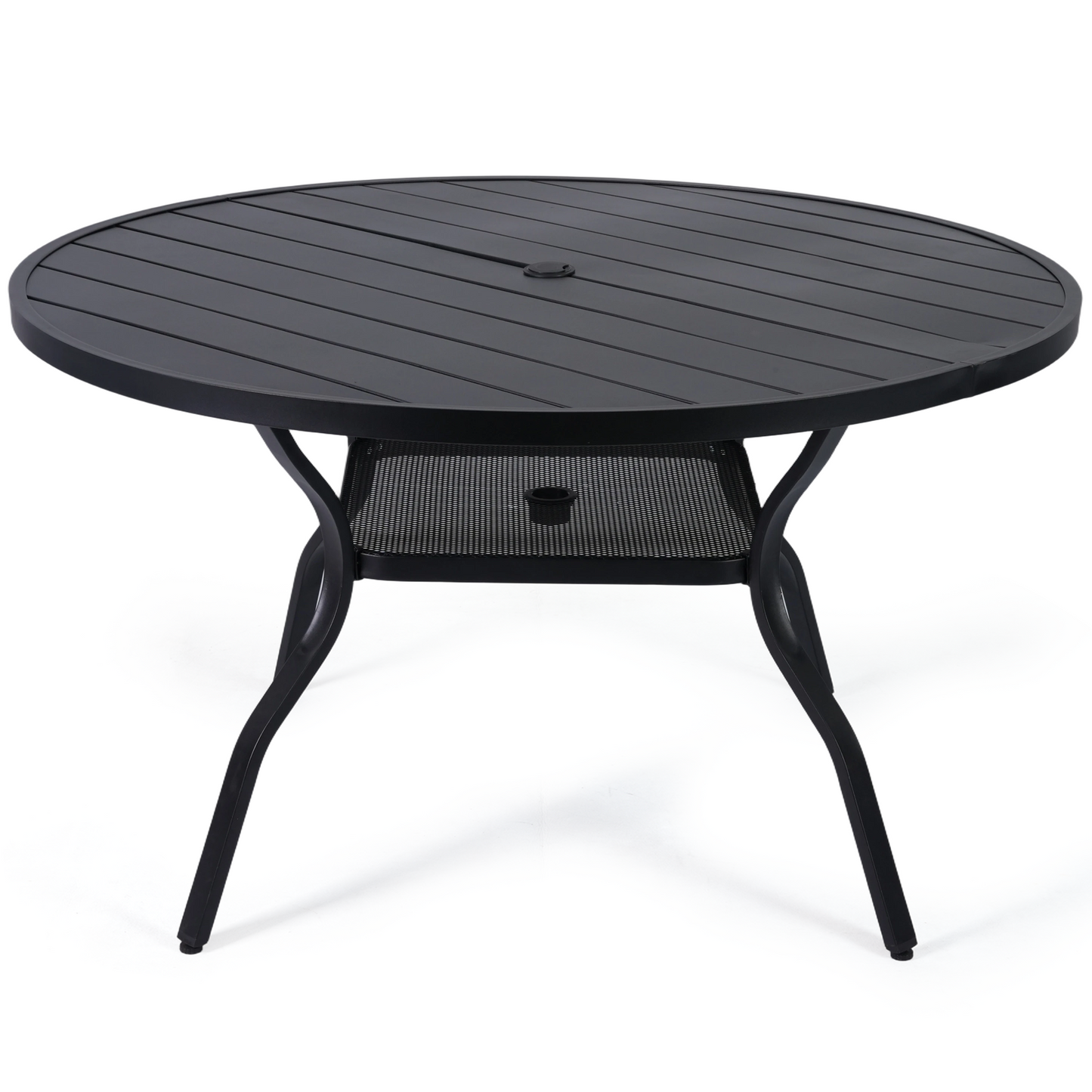 DELMANGO 55" Outdoor Dining Table for 6-8, Metal Round Patio Dining Table with Adjustable Umbrella Hole for Garden, Backyard and Porch, Black