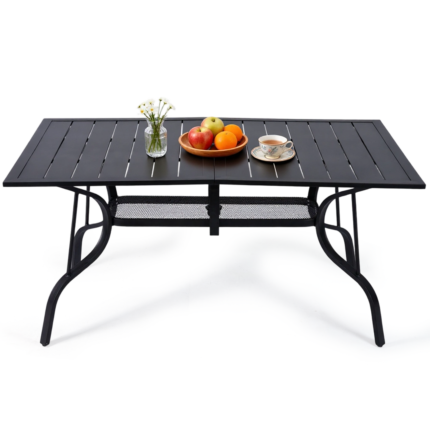 DELMANGO 63"x38" Outdoor Dining Table for 6, Metal Rectangle Patio Dining Table with Adjustable Umbrella Hole for Garden, Backyard and Porch, Black
