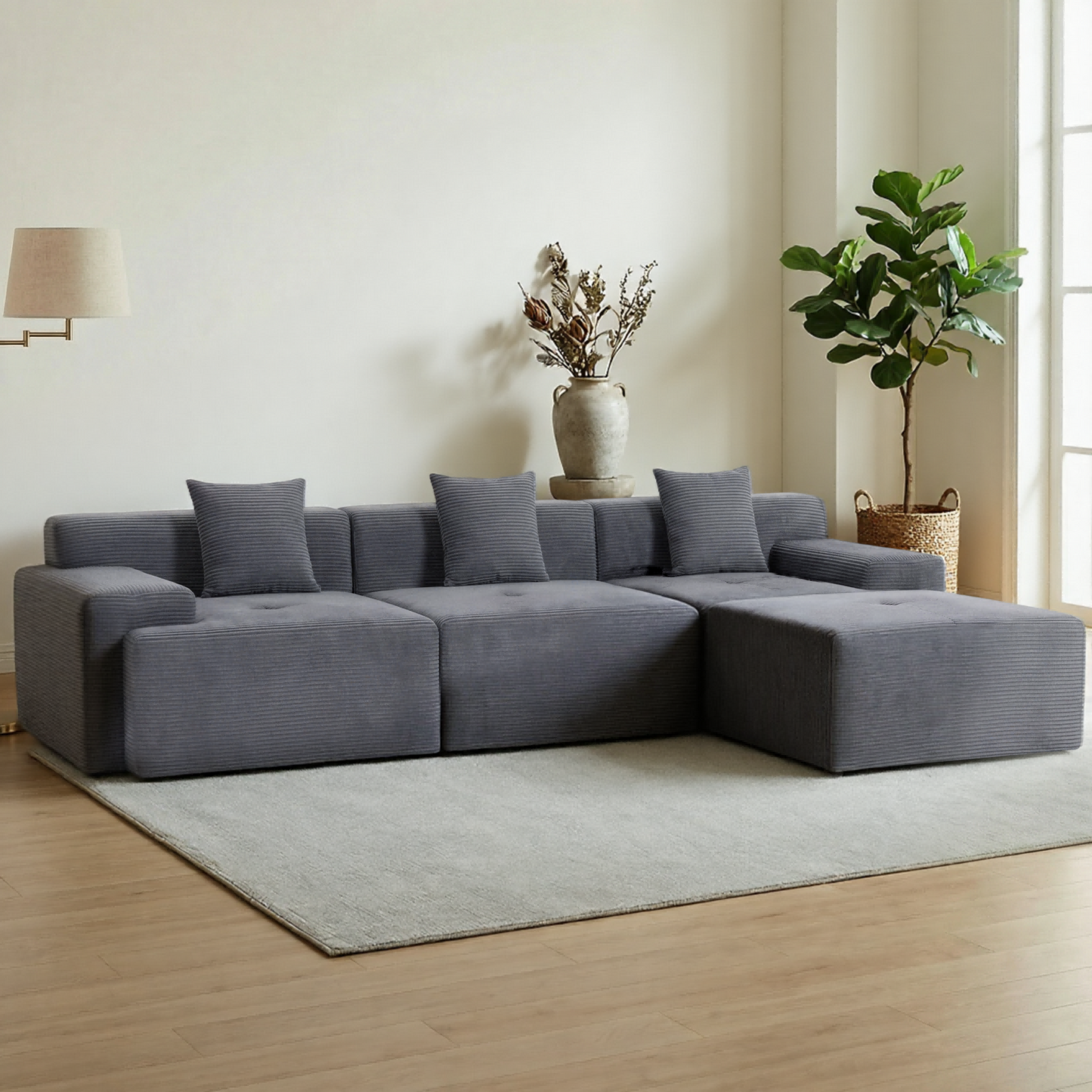 DELMANGO 119'' Cloud Sectional Sofa, Boneless Sofa with Chaise, Flexible Module Combination for Living Room, No Assembly, Grey