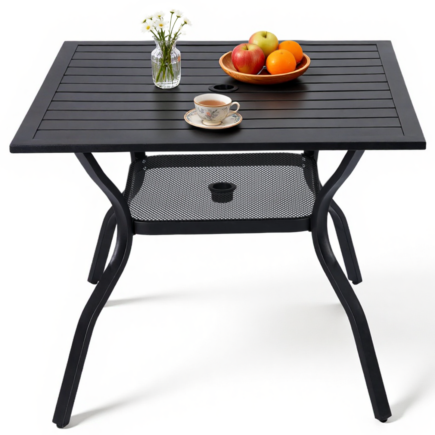 DELMANGO 37" Outdoor Dining Table for 4, Metal Square Patio Dining Table with Adjustable Umbrella Hole for Garden, Backyard and Porch, Black