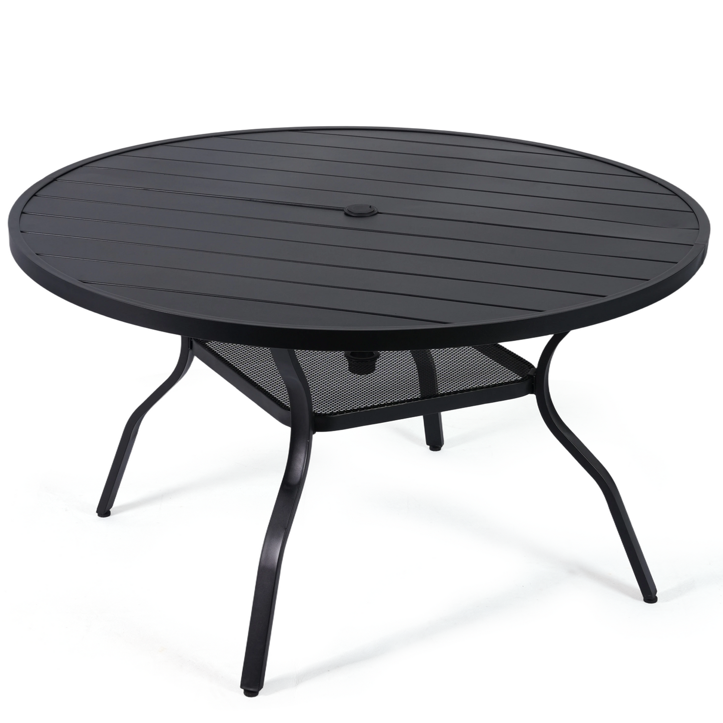 DELMANGO 55" Outdoor Dining Table for 6-8, Metal Round Patio Dining Table with Adjustable Umbrella Hole for Garden, Backyard and Porch, Black