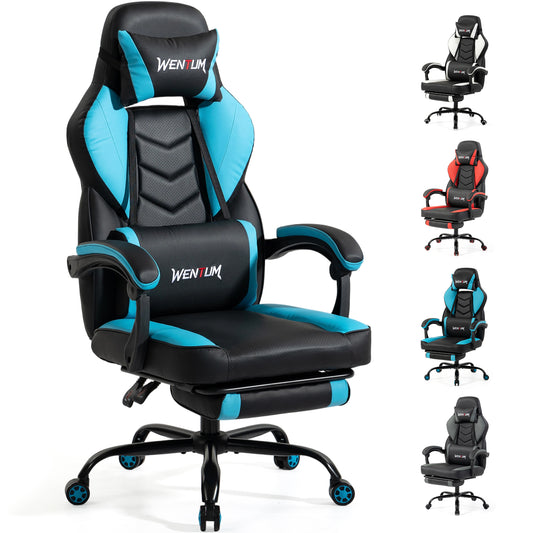 Big & Tall Gaming Chair 350lb Weight Capacity with Footrest, Ergonomic Video Game Chair for Adults with Oversized Headrest and Lumbar Pillow, Computer Chair Gaming for Office£¨Blue£©