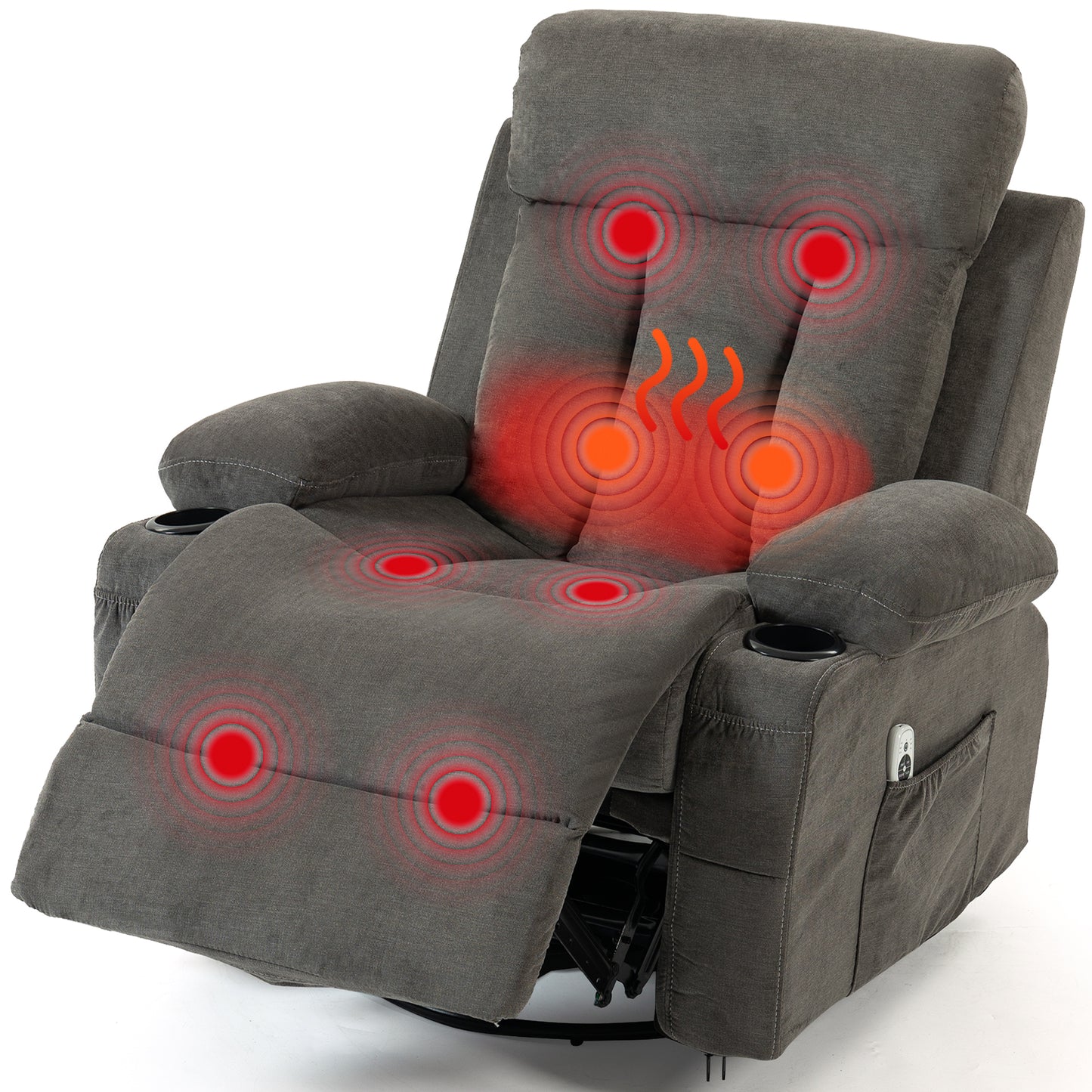 DELMANGO Swivel Rocker Recliner Chair with Vibration Massage & Heat, 360 Degree Rotating Lounge Chair for Adults, Ergonomic Rocking Chair with Side Pocket & Cup Holders, Grey