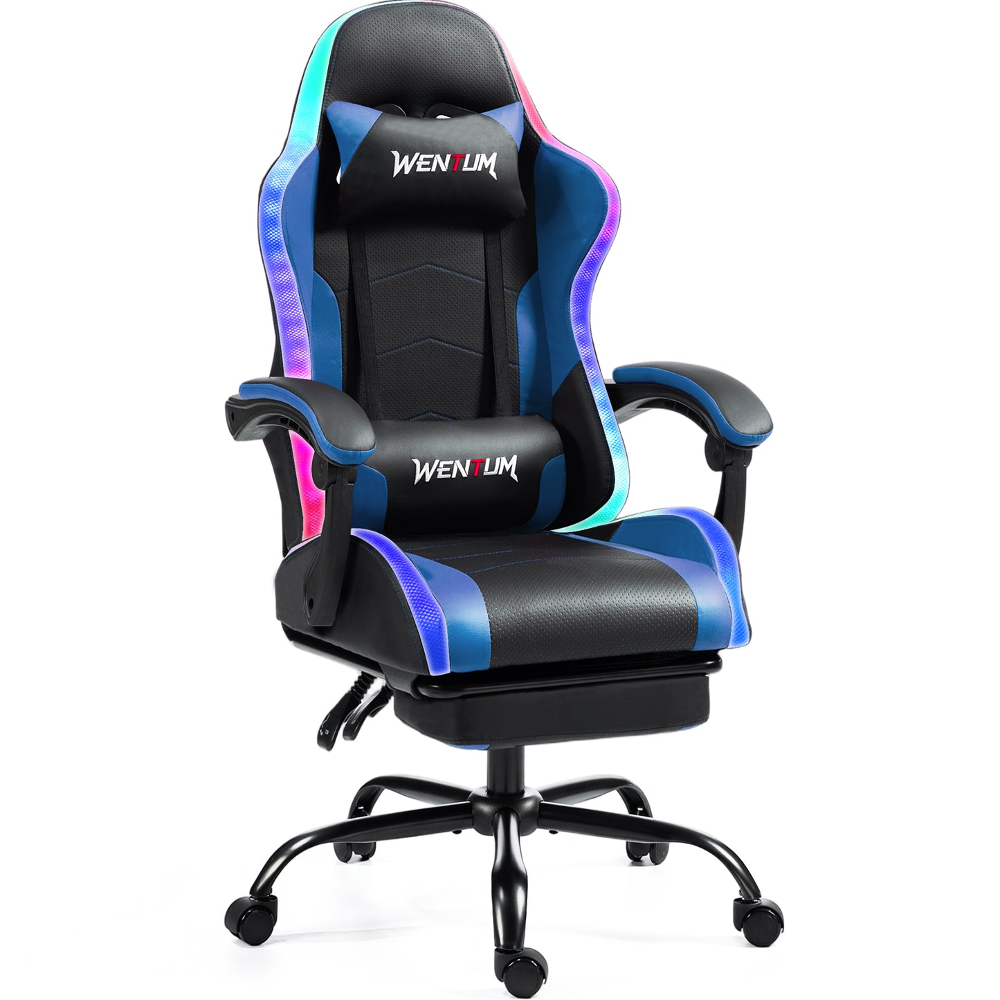 Delmango RGB Ergonomic Gaming Chair with Massage, LED Lights, Footrest, Lumbar Support, Blue