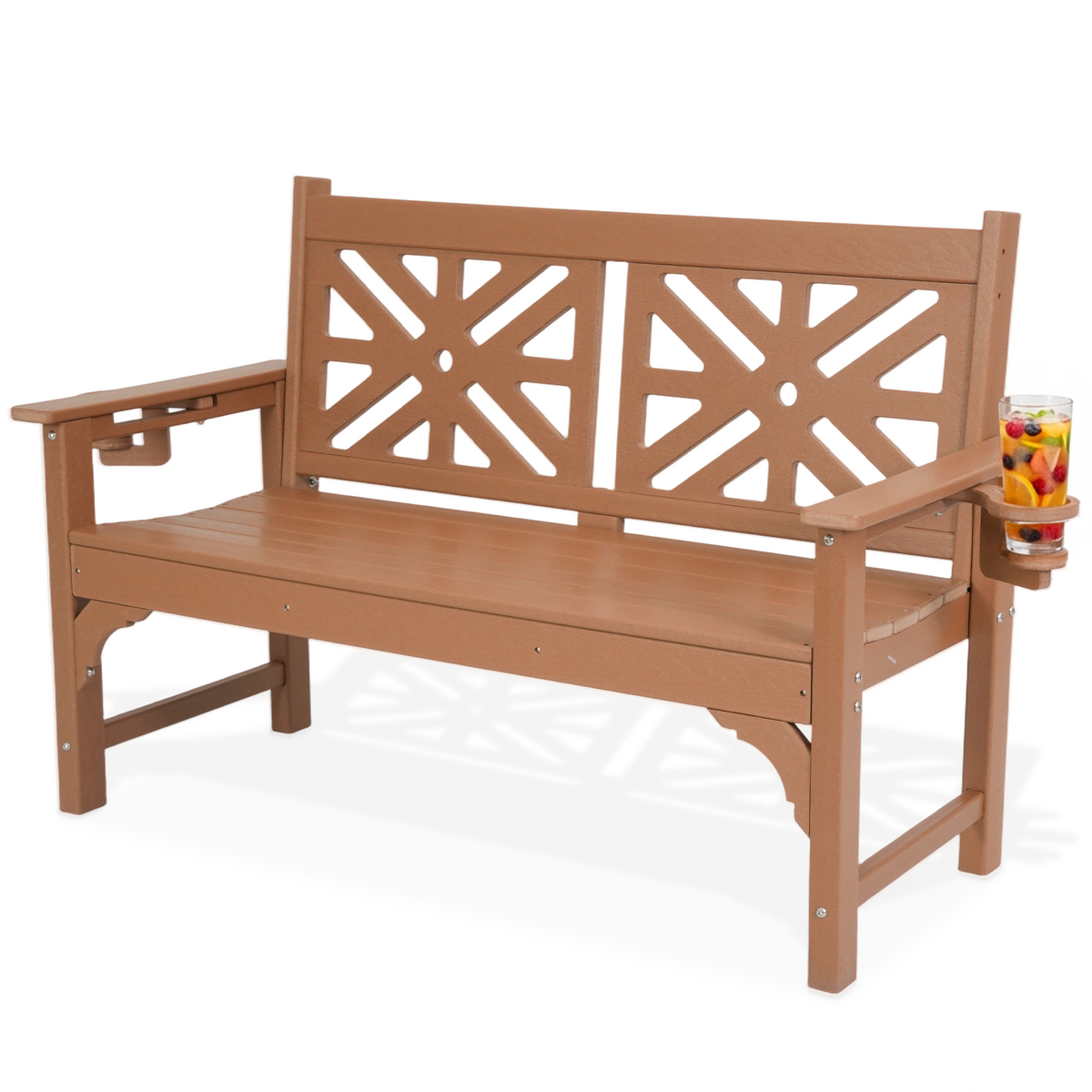 DELMANGO Outdoor Bench with Cup Holders, HDPE Weatherproof Garden Bench 2-Person, Fade/Rot Resistance Patio Benches for Porch and Park, Brown