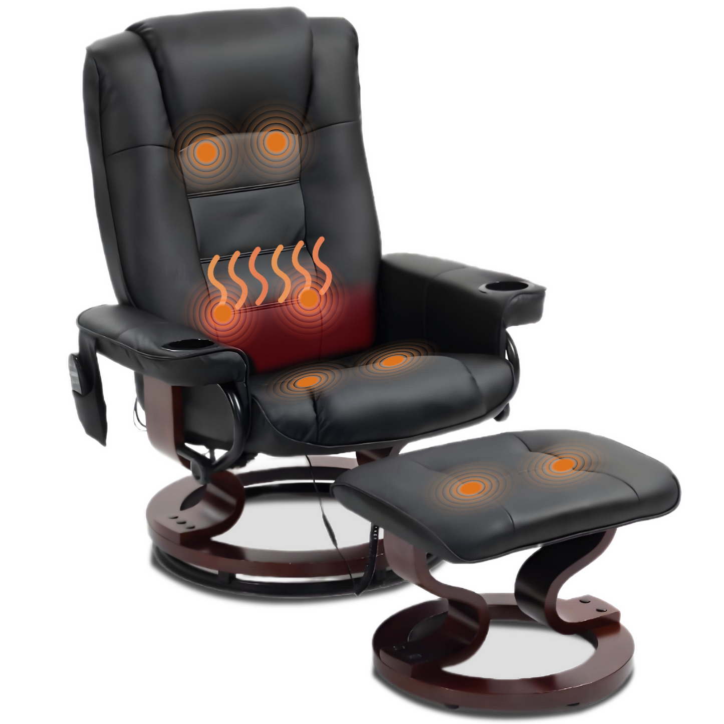 DELMANGO Swivel Massage Recliner with Ottoman, Adjustable Recline Wood Base Faux Leather Lounge Chair, Footrest Accent Chair for Living Room & Bedroom, Black