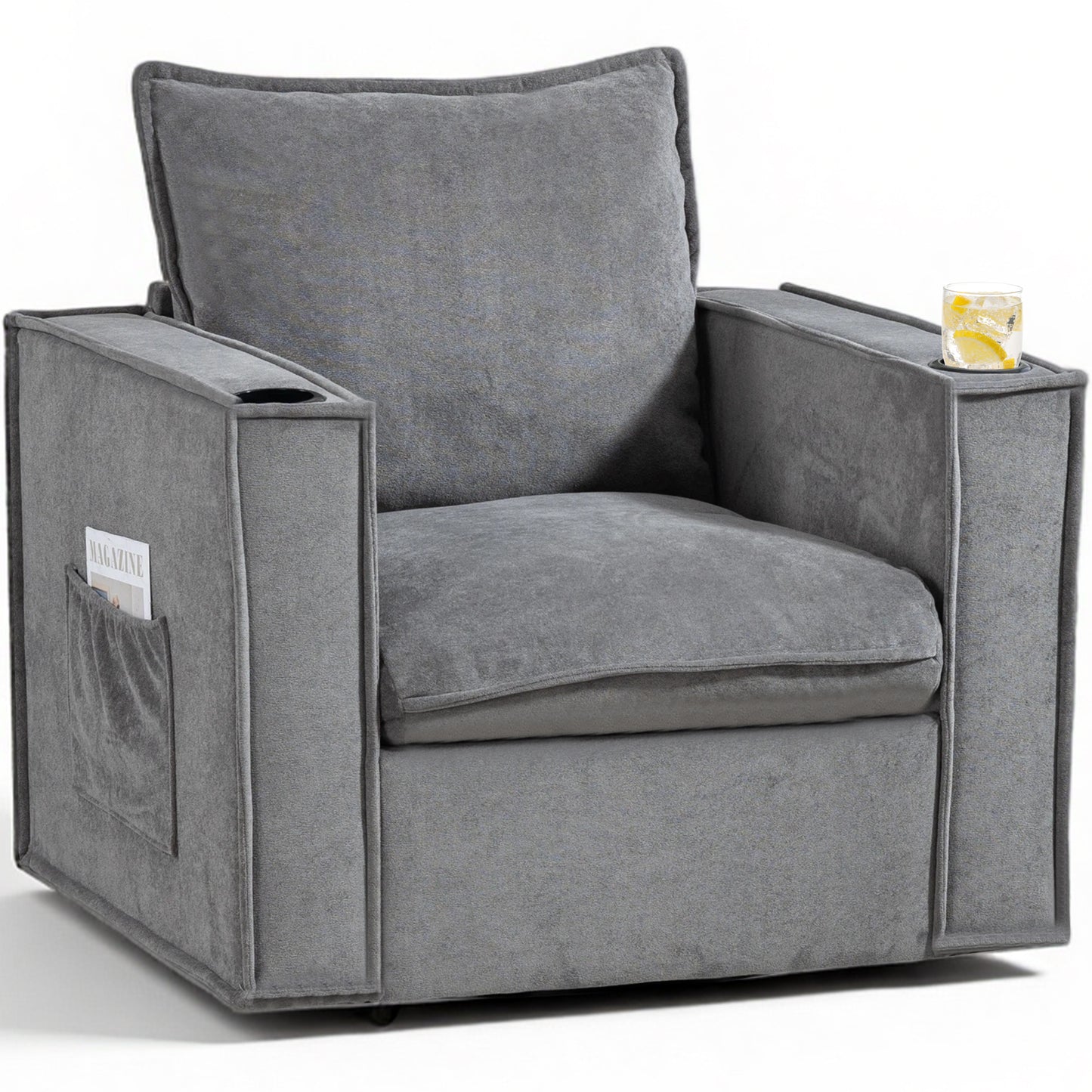 Delmango 32¡° Wide Swivel Accent Chair, Comfy Couch with Cup Holders and Side Pockets, Modern Sofa Chair for Living Room, Bedroom, Corner, Gray