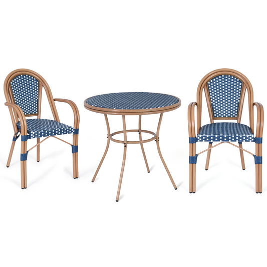 DELMANGO 3 Piece Bistro Table Chair Set, Outdoor Wicker Round Table and 2 Dining Chairs for Garden Balcony Porch, Blue/White