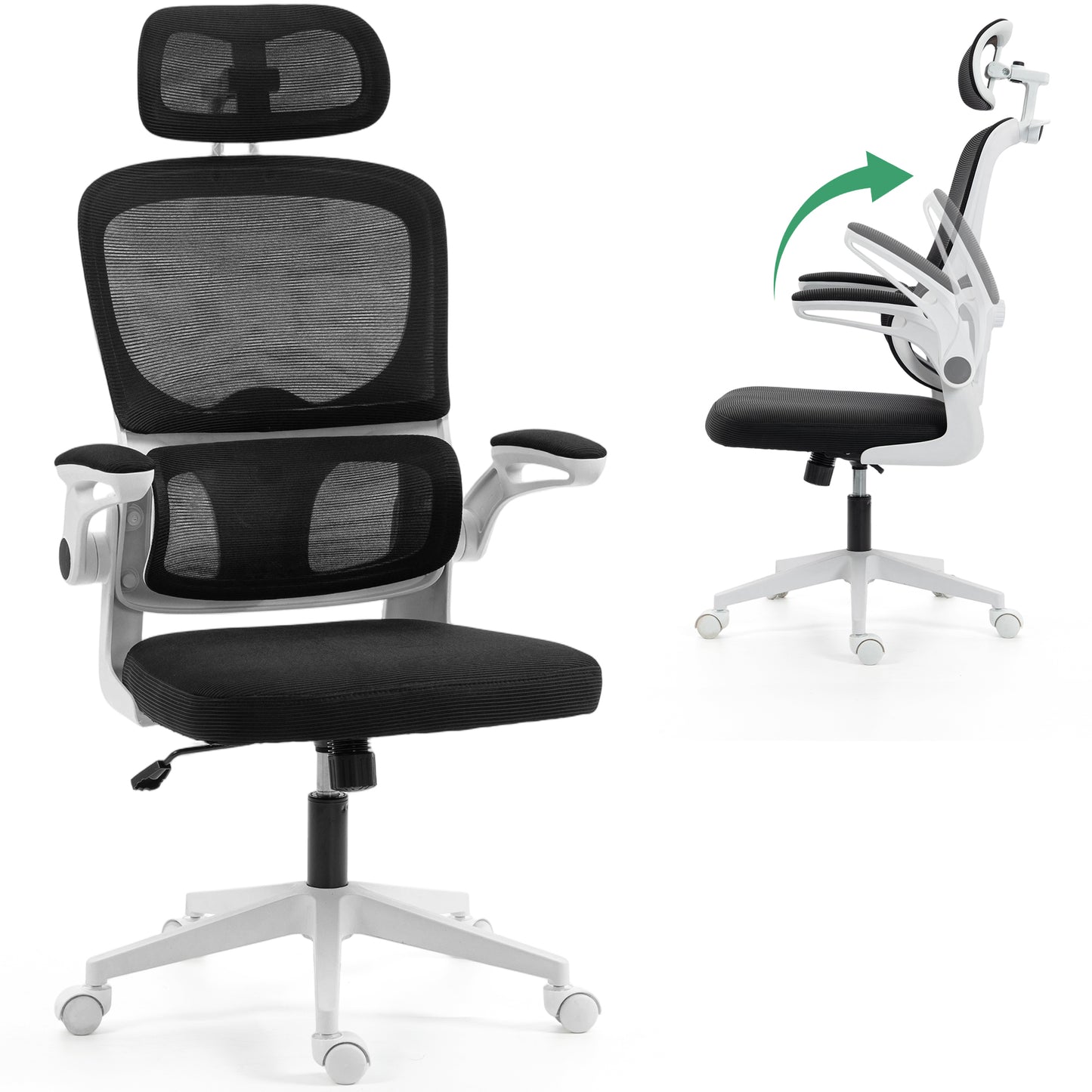 Delmango Office Chair, Ergonomic Desk Chair with Flip-up Arms, Coat Hook, Adjustable Headrest and Lumber Support, Mesh Computer Chair, 330 LBS, White