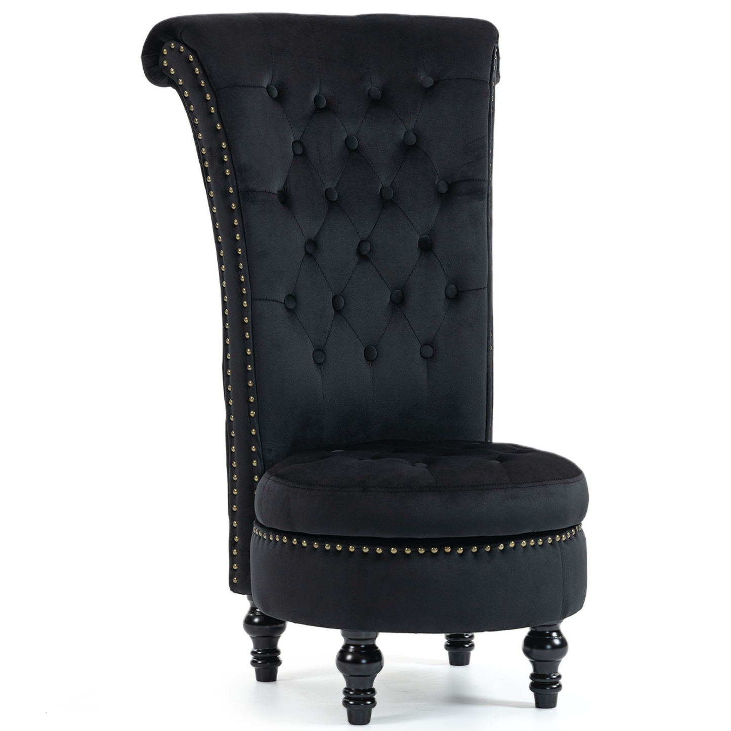 DELMANGO Velvet Throne Chair with Storage, Armless High-Back Accent Chair with Nailhead Trim & Solid Rubberwood Legs, for Living Room and Bedroom, Black