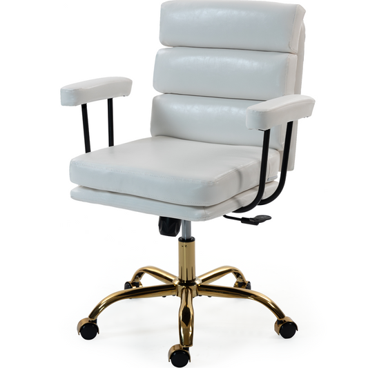 DELMANGO Faux Leather Home Office Desk Chair with Padded Seat & Armrests, Gold Base Vanity Swivel Chair with Adjustable Height and Wheels, White