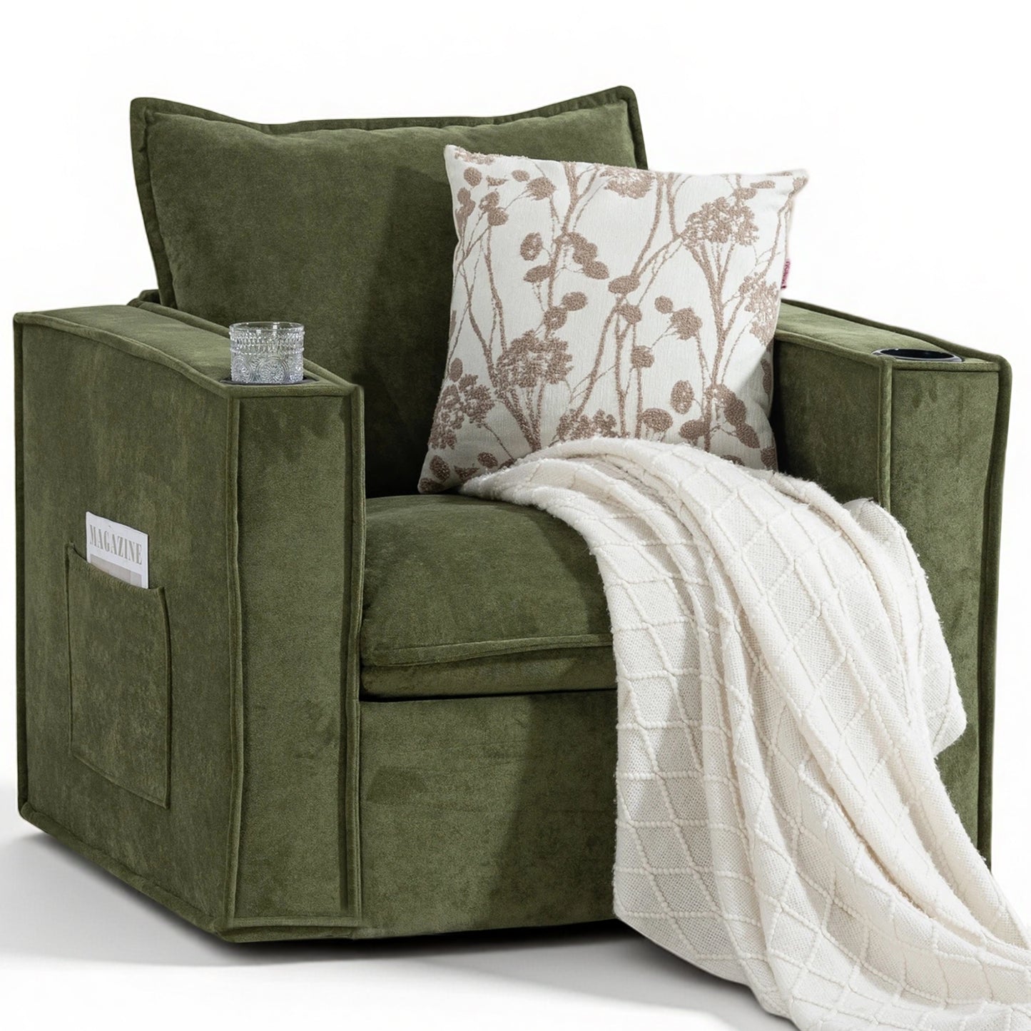 Delmango 32¡° Wide Swivel Accent Chair, Comfy Couch with Cup Holders and Side Pockets, Modern Sofa Chair for Living Room, Bedroom, Corner, Green