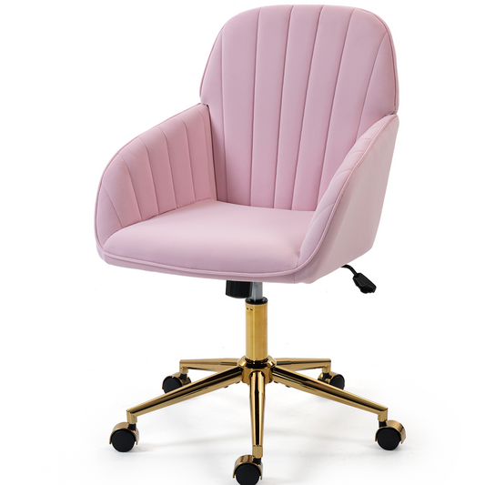 DELMANGO Velvet Adjustable Desk Chair with Gold Base & Wheels, Modern Swivel Vanity Office Chair for Home, Living Room, Bedroom & Study, Pink