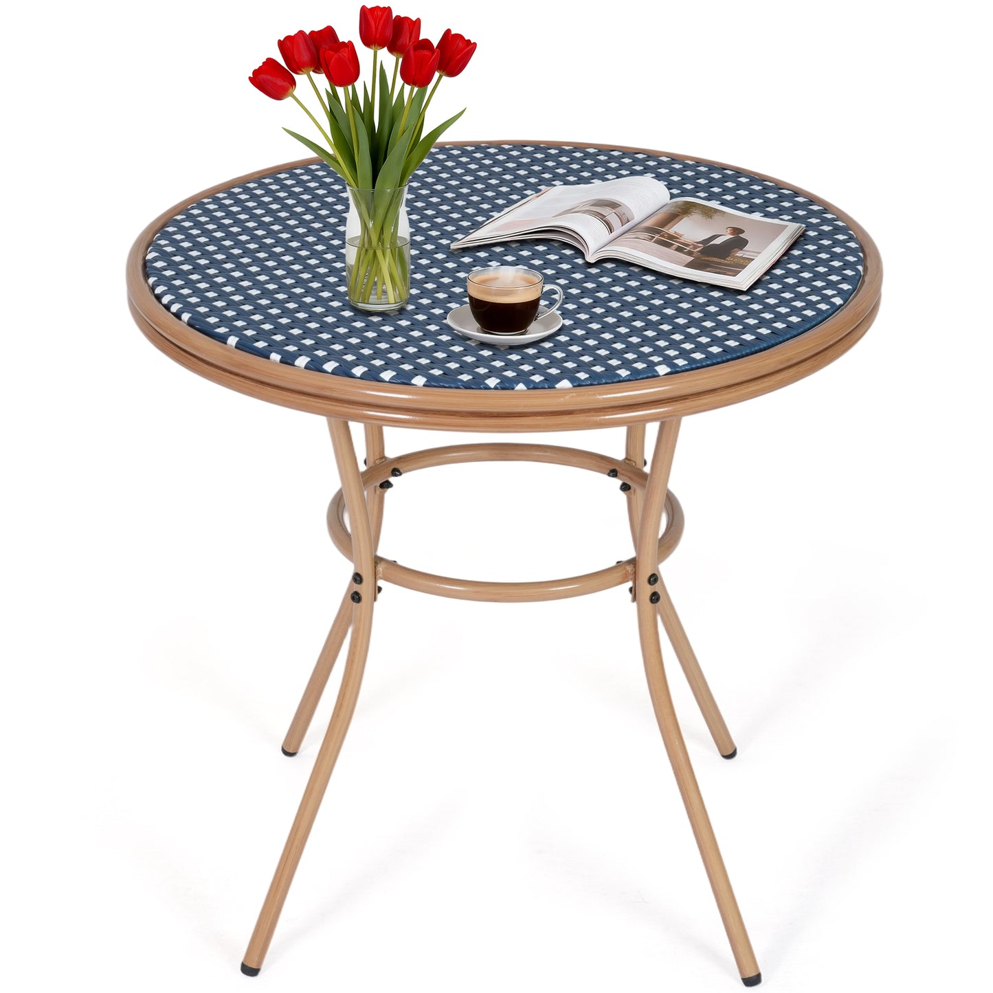 DELMANGO Round Outdoor Bistro Table with Matal Frame and Adjustable Foot Pads for Garden Balcony, Blue/White (Copy)