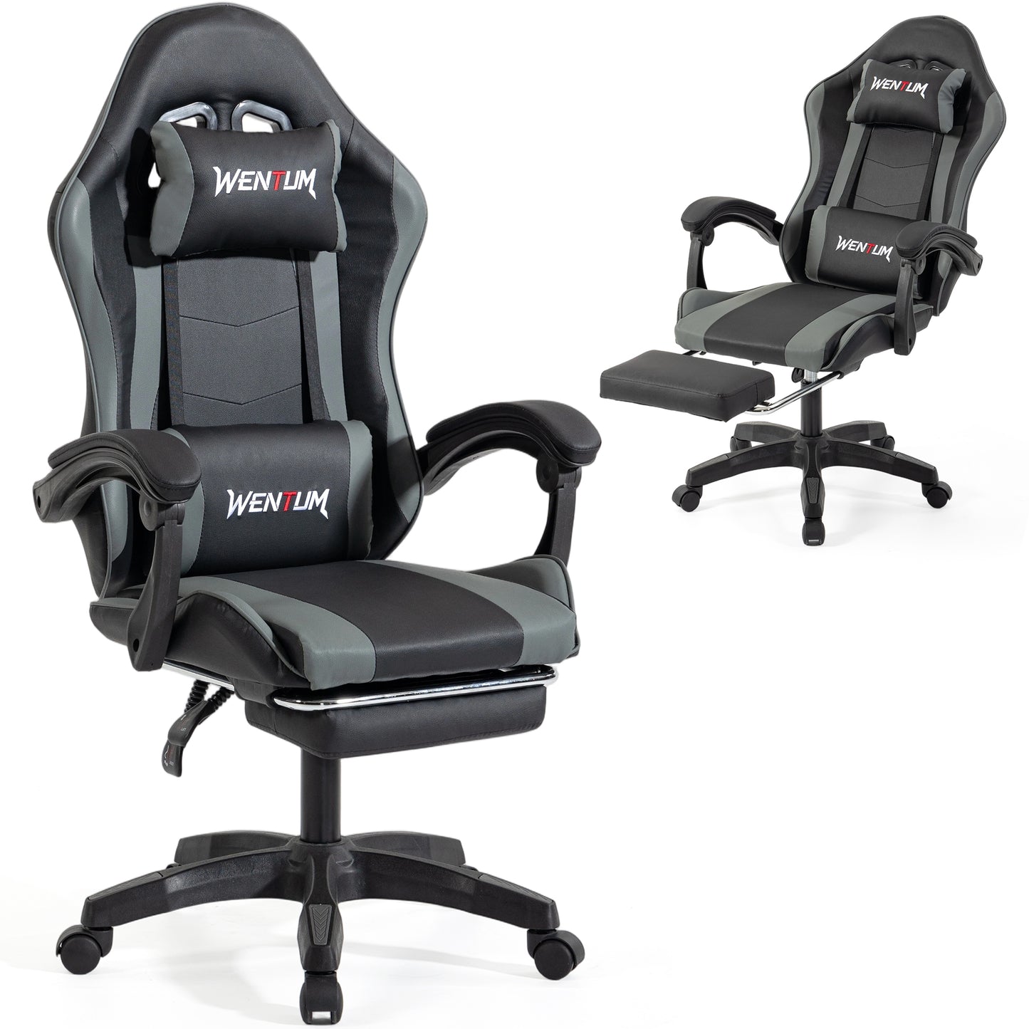 DELMANGO Gaming Chair Ergonomic Office Chair with Adjustable Headrest & Footrest, 90-135¡ã Recline, 360¡ã Swivel,Black/Grey