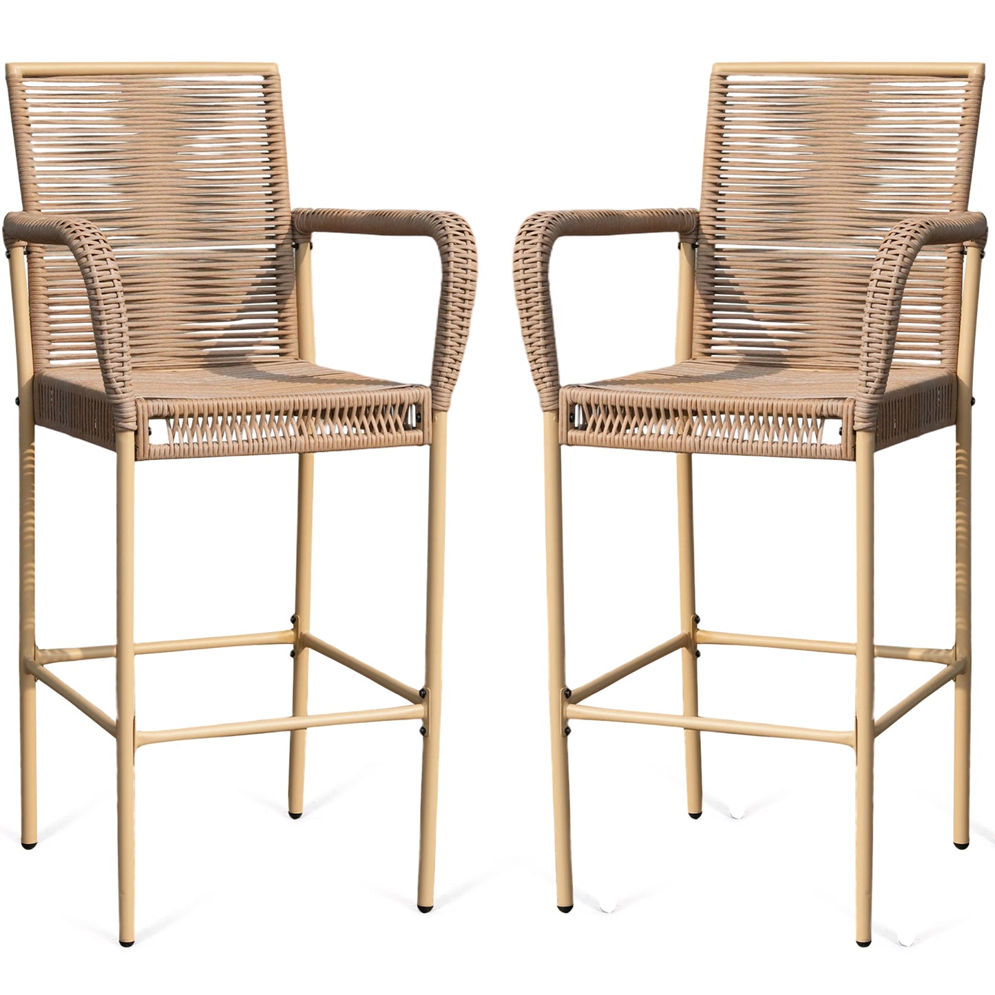DELMANGO 2Pcs Bar Stool, Counter Height Patio Rattan Bar Stool Chairs with Armrests for Porch Garden Indoor Kitchen, Yellow