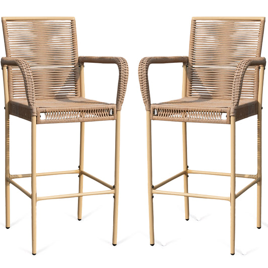 DELMANGO 2Pcs Bar Stool, Counter Height Patio Rattan Bar Stool Chairs with Armrests for Porch Garden Indoor Kitchen, Yellow