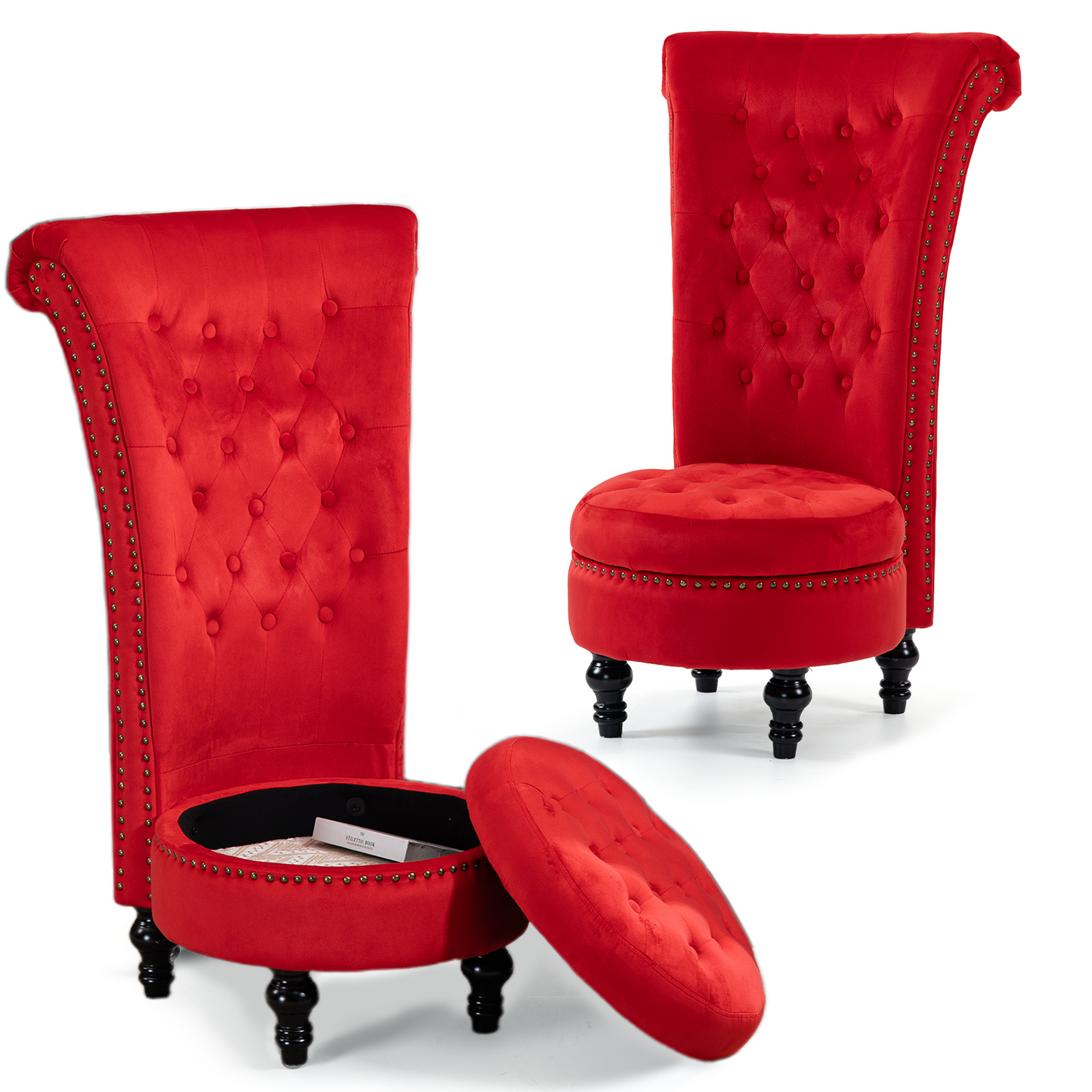 DELMANGO Set of 2 Velvet Throne Chair with Storage, Armless High-Back Accent Chair with Nailhead Trim & Solid Rubberwood Legs, for Living Room and Bedroom, Red