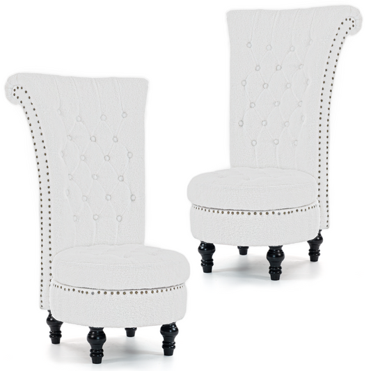 DELMANGO Set of 2 Teddy Throne Chair with Storage, Armless High-Back Accent Chair with Nailhead Trim & Solid Rubberwood Legs, for Living Room and Bedroom, White