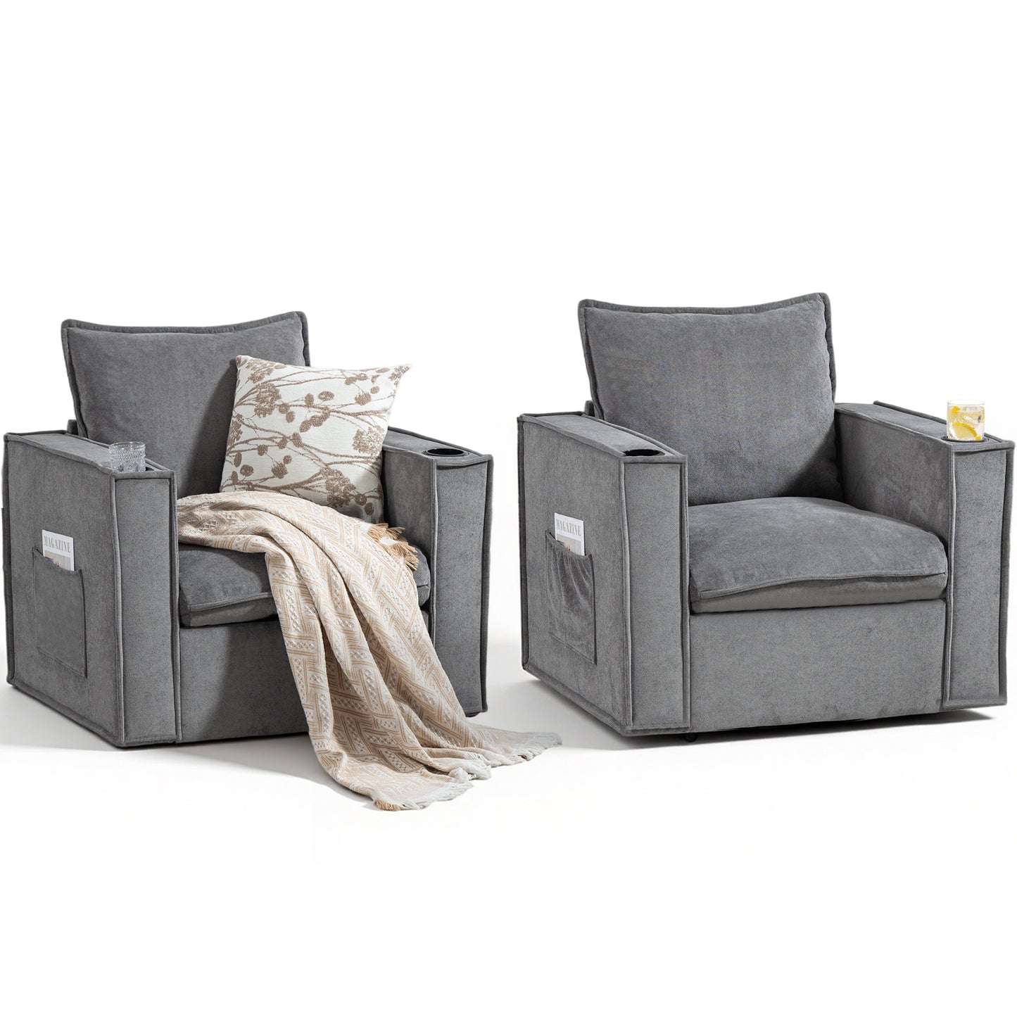 Delmango 32¡° Wide Swivel Accent Chair Set of 2, Comfy Couch with Cup Holders and Side Pockets, Modern Sofa Chair for Living Room, Bedroom, Corner, Gray