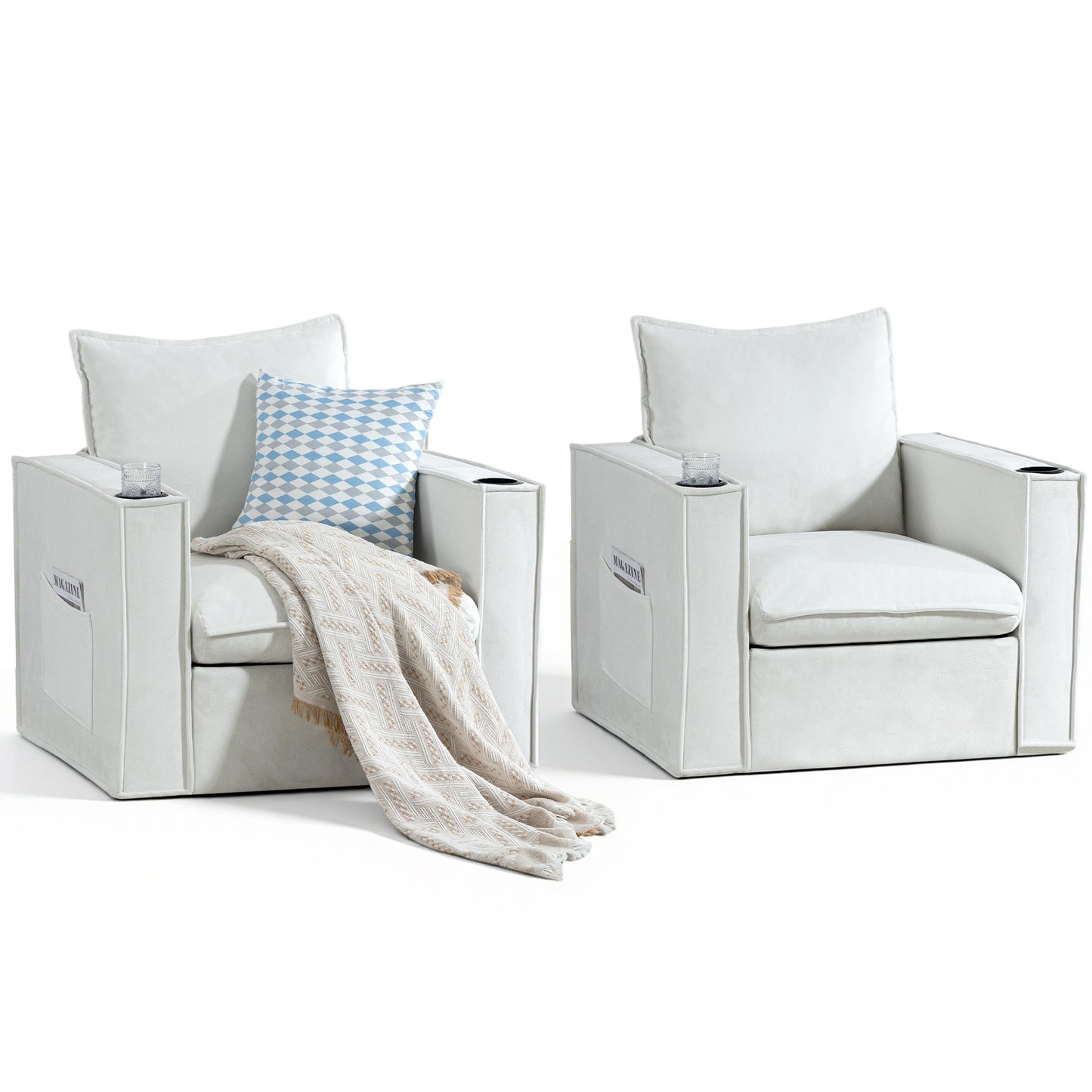 Delmango 32¡° Wide Swivel Accent Chair Set of 2, Comfy Couch with Cup Holders and Side Pockets, Modern Sofa Chair for Living Room, Bedroom, Corner, Beige