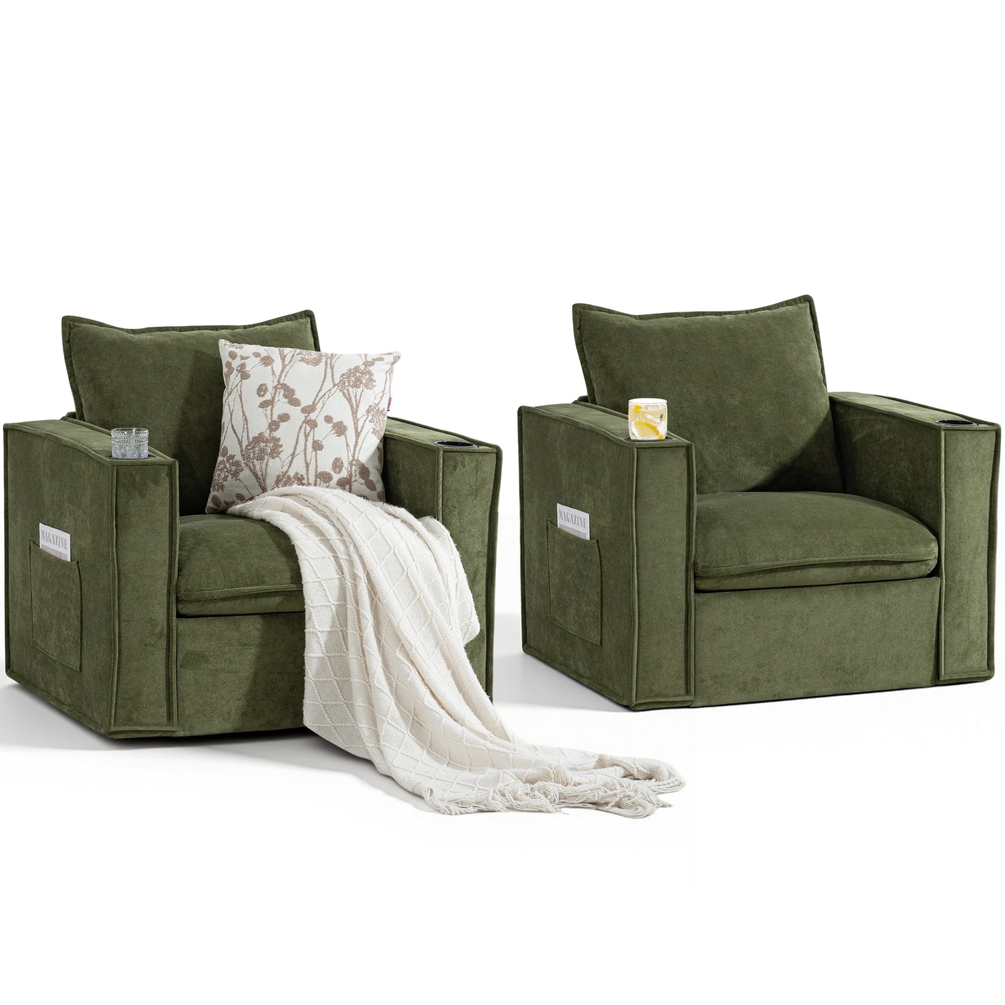 Delmango 32¡° Wide Swivel Accent Chair Set of 2, Comfy Couch with Cup Holders and Side Pockets, Modern Sofa Chair for Living Room, Bedroom, Corner, Green