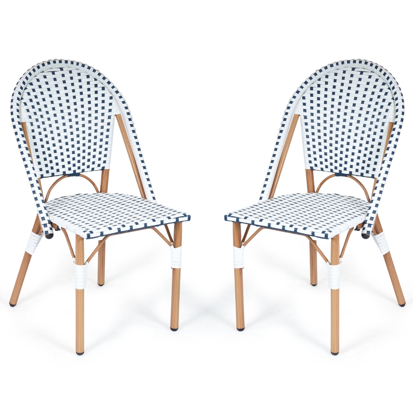 DELMANGO 2-Piece Wicker Outdoor French Bistro Chairs, Armless Dining Chairs with Metal Frame, Stackable Patio Chairs, White/Blue