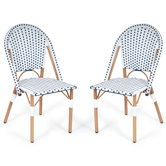 DELMANGO 2-Piece Wicker Outdoor French Bistro Chairs, Armless Dining Chairs with Metal Frame, Stackable Patio Chairs, White/Blue