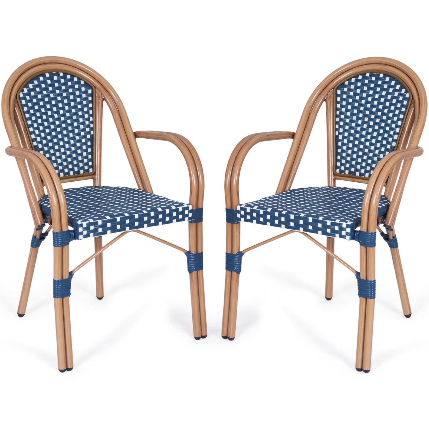 DELMANGO Metal & Faux Rattan Bistro Chair,Outdoor Arm Dining Chairs, Stackable Patio Chairs, Blue/Black (Set of 2)