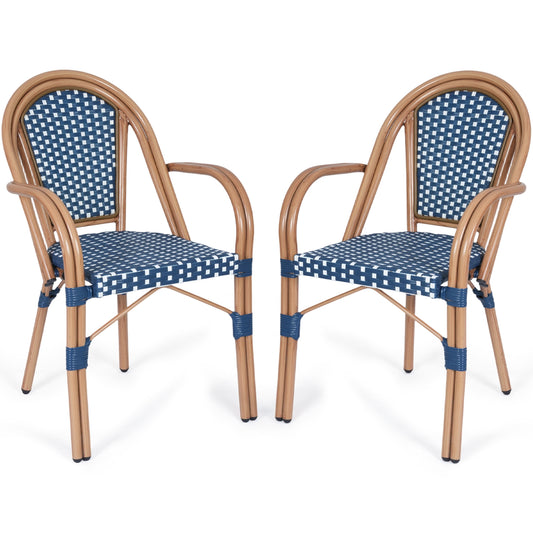 DELMANGO Metal & Faux Rattan Bistro Chair,Outdoor Arm Dining Chairs, Stackable Patio Chairs, Blue/Black (Set of 2)