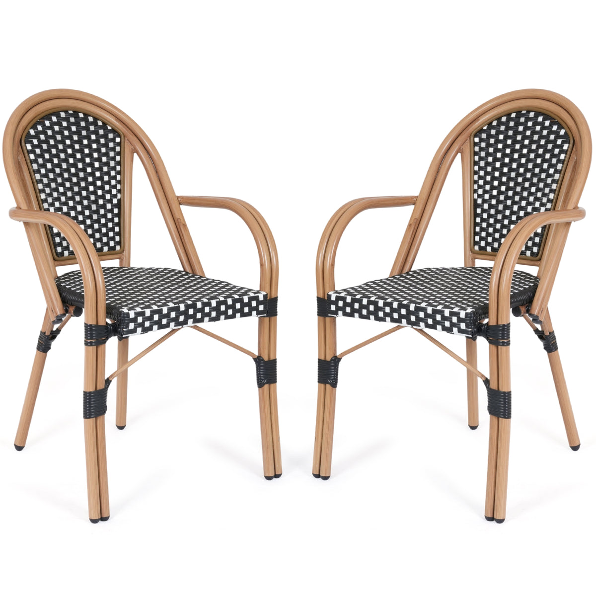 DELMANGO Metal & Faux Rattan Bistro Chair,Outdoor Arm Dining Chairs, Stackable Patio Chairs, White/Black (Set of 2)