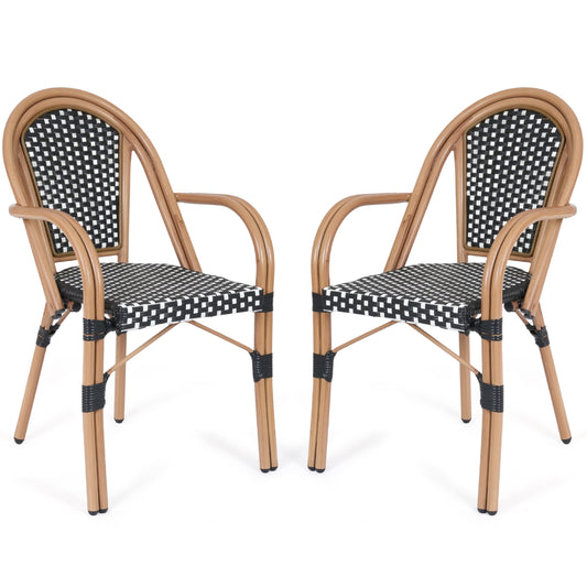 DELMANGO Metal & Faux Rattan Bistro Chair,Outdoor Arm Dining Chairs, Stackable Patio Chairs, White/Black (Set of 2)