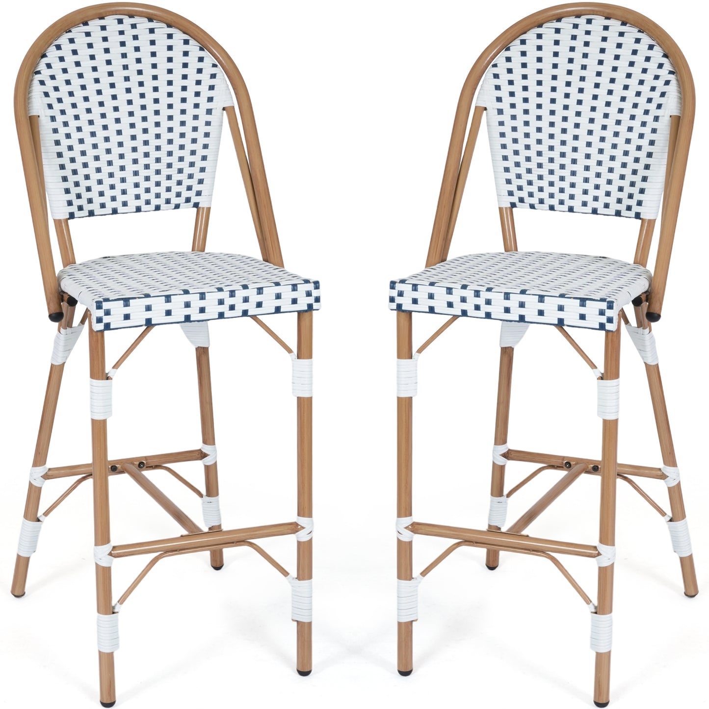 DELMANGO Bar Stool Set of 2 with Wood Print Finish French Counter Height Patio Rattan Bar Stool Chairs for Porch Garden Indoor Kitchen, White/Black