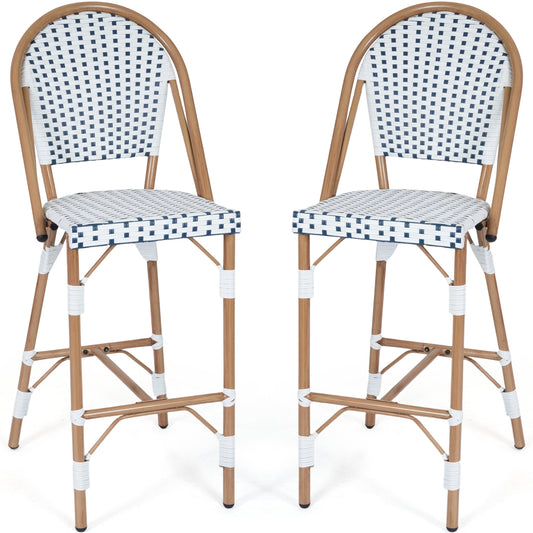 DELMANGO Bar Stool Set of 2 with Wood Print Finish French Counter Height Patio Rattan Bar Stool Chairs for Porch Garden Indoor Kitchen, White/Black