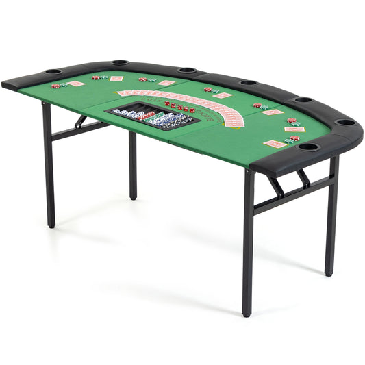 DELMANGO Foldable Poker Table for 7 Players Fan-Shaped Game Table with Cup Holders & Chip Trays, Portable Casino Table for Texas Holdem, Blackjack, Home Game Nights Green