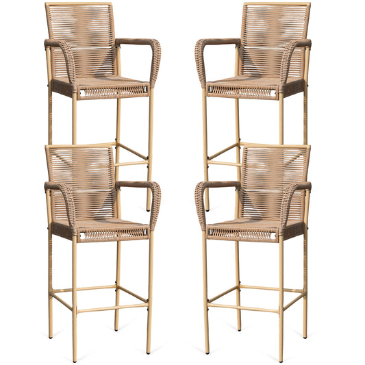 DELMANGO 4Pcs Bar Stool, Counter Height Patio Rattan Bar Stool Chairs with Armrests for Porch Garden Indoor Kitchen, Yellow